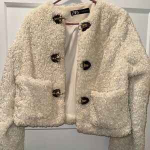 Cream Textured Jacket with Brown Leather Toggle Closures NWOT